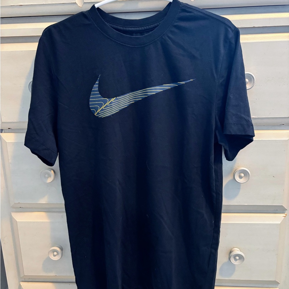 Nike Men's Black Tee with Blue Swoosh